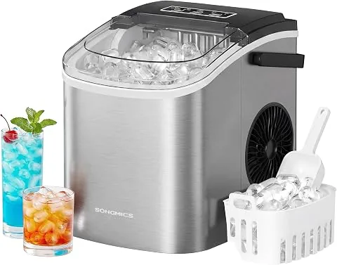 SONGMICS Máquina de Hielo, Máquina de Cubitos Autolimpiante, 9 Cubitos en 6 Minutos en 2 Tamaños, 12 kg en 24 Horas, Portátil, Casa, Cocina, Oficina, Fiestas Camping, Gris Plateado XZB001E1EU