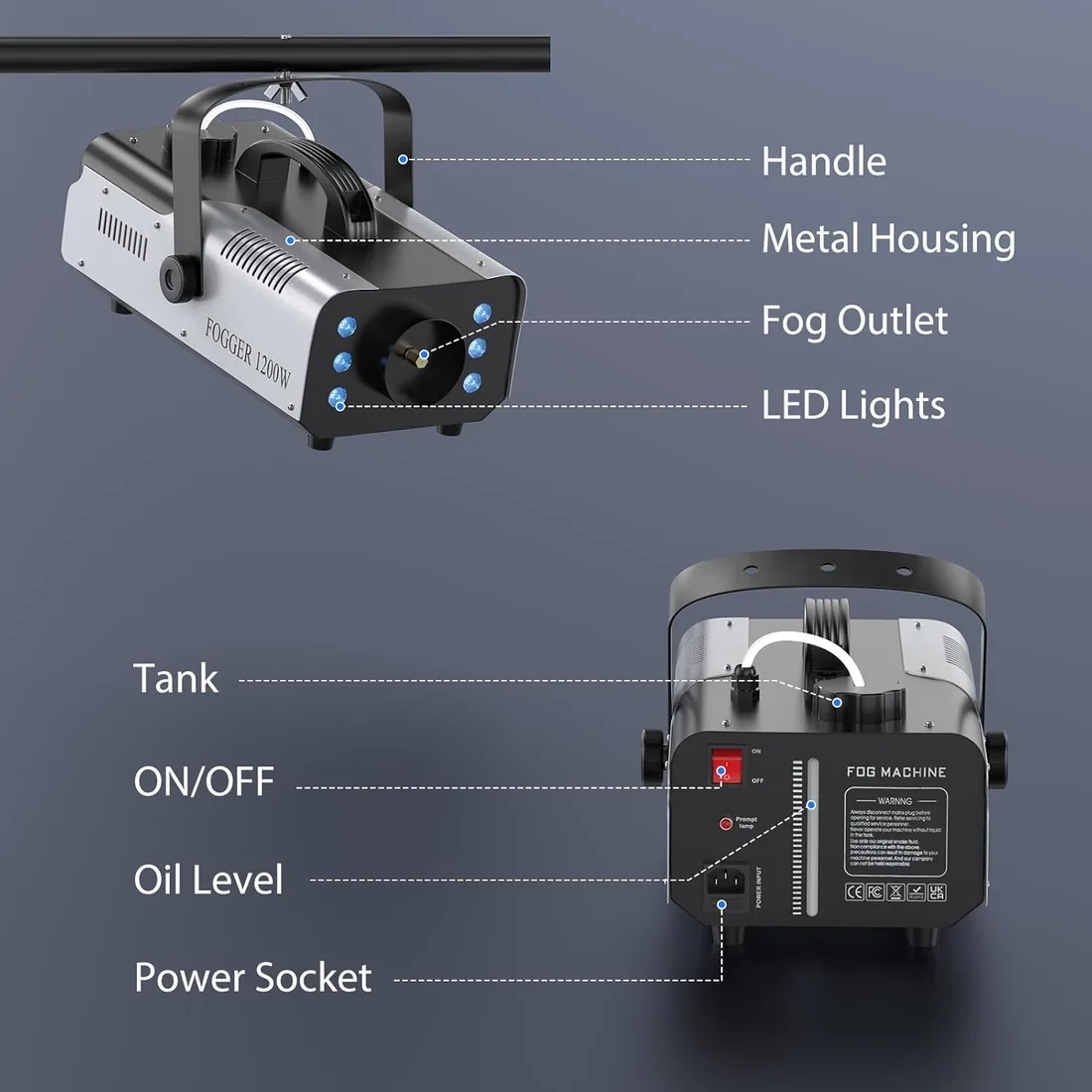 1200W Máquina de Humo con Luces Controlables, UKing RGB Maquina Niebla con Control Remoto y Tanque de 1L para Halloween, Bodas, Fiestas, Teatro, Discoteca foto 3