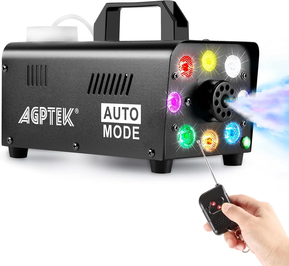 AGPTEK Máquina de Humo 2000CFM con 8 LED y Mando Inalámbrico para Fiestas | 8 luces LED multicolor, luces y humo separado, calentamiento 2-3min, metal duradero y ligero, para Halloween/Navidad/Boda/DJ