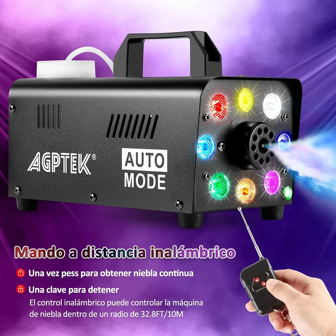 AGPTEK Máquina de Humo 2000CFM con 8 LED y Mando Inalámbrico para Fiestas | 8 luces LED multicolor, luces y humo separado, calentamiento 2-3min, metal duradero y ligero, para Halloween/Navidad/Boda/DJ foto 2