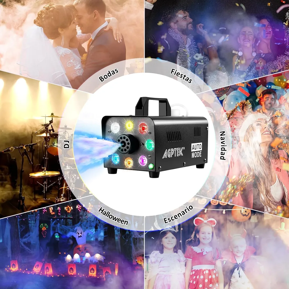 AGPTEK Máquina de Humo 2000CFM con 8 LED y Mando Inalámbrico para Fiestas | 8 luces LED multicolor, luces y humo separado, calentamiento 2-3min, metal duradero y ligero, para Halloween/Navidad/Boda/DJ foto 3