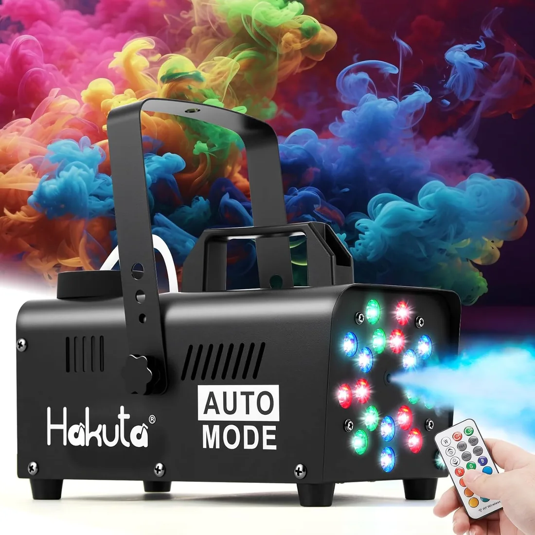 HAKUTA Máquina de Humo con 18 LED, Automática para Fiestas, Control Remoto | 12 Colores y 4 Modos Dinámicos (Carrera, Salto, Desvanecimiento, Parpadeo), para Halloween, Bodas y DJ, Niebla Densa 2300 CFM