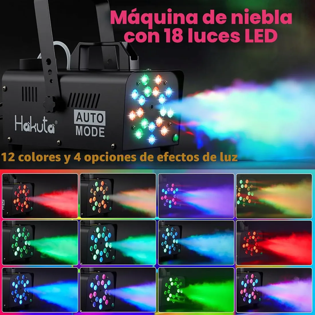 HAKUTA Máquina de Humo con 18 LED, Automática para Fiestas, Control Remoto | 12 Colores y 4 Modos Dinámicos (Carrera, Salto, Desvanecimiento, Parpadeo), para Halloween, Bodas y DJ, Niebla Densa 2300 CFM foto 2