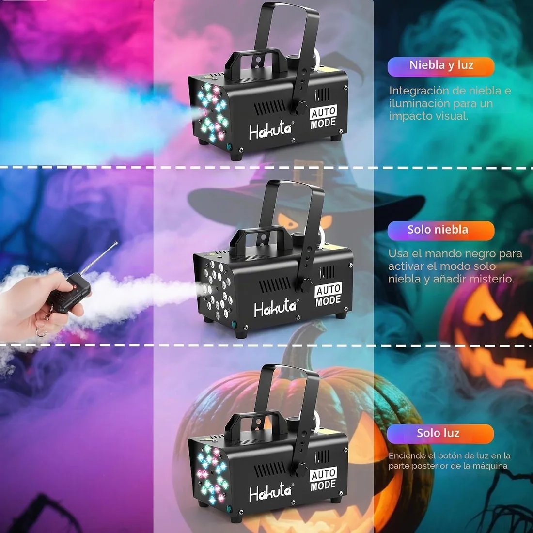 HAKUTA Máquina de Humo con 18 LED, Automática para Fiestas, Control Remoto | 12 Colores y 4 Modos Dinámicos (Carrera, Salto, Desvanecimiento, Parpadeo), para Halloween, Bodas y DJ, Niebla Densa 2300 CFM foto 3
