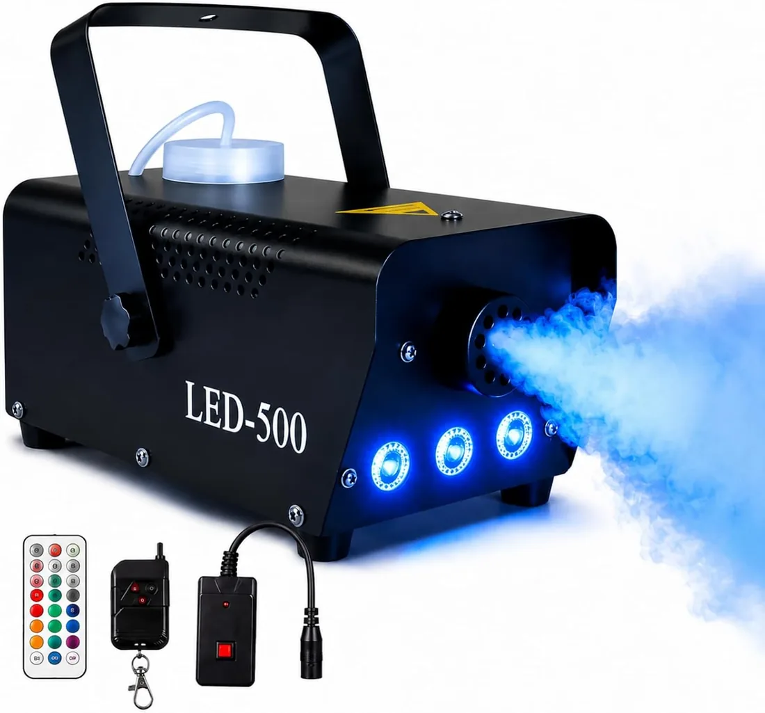 Máquina de Humo 500W, Mini Niebla Máquina con Luces RGB LED de 3 Colores, 300ml Tanque, Control Remoto Inalámbrico, Automático, Portátil, para Halloween Fiestas Bodas DJ Escenario (B)