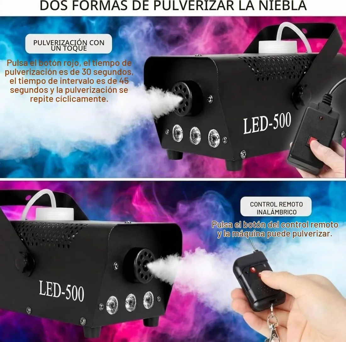 Máquina de Humo 500W, Mini Niebla Máquina con Luces RGB LED de 3 Colores, 300ml Tanque, Control Remoto Inalámbrico, Automático, Portátil, para Halloween Fiestas Bodas DJ Escenario (B) foto 2