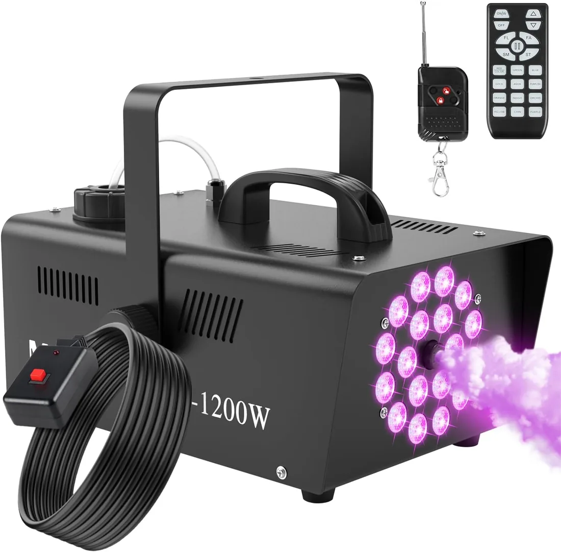 Maquina de Humo Profesional 1200W con 18 LEDs RGB Integrados para Fiestas, Halloween, Bodas, Discoteca, DJ Efecto Escenario