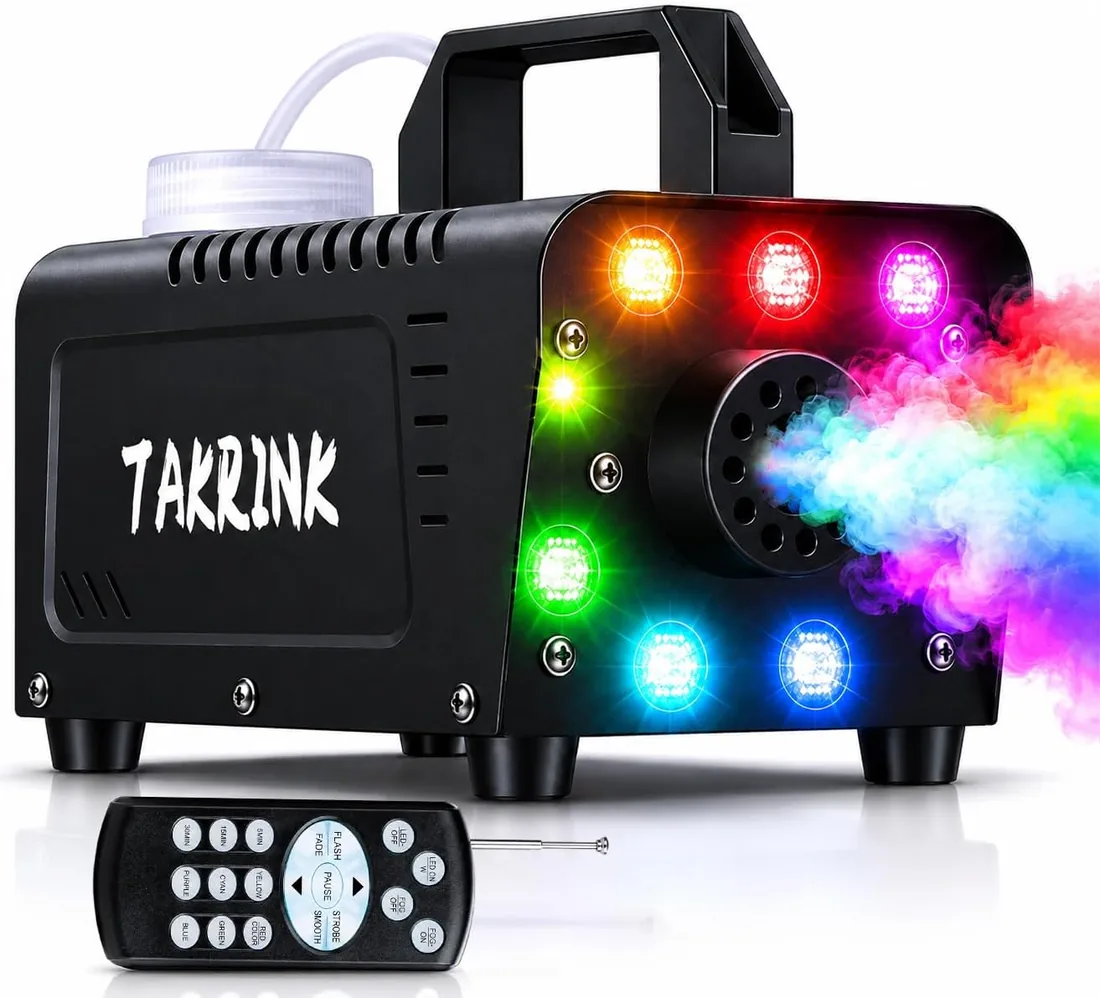 TAKRINK Máquina de Humo 900W Automática, 8 LED RGB, Mando Inalámbrico | 16 Colores y 4 Modos de Luz, Depósito de 300 ml, Niebla Automática, para Fiestas, Bodas, DJ, Halloween y Escenario