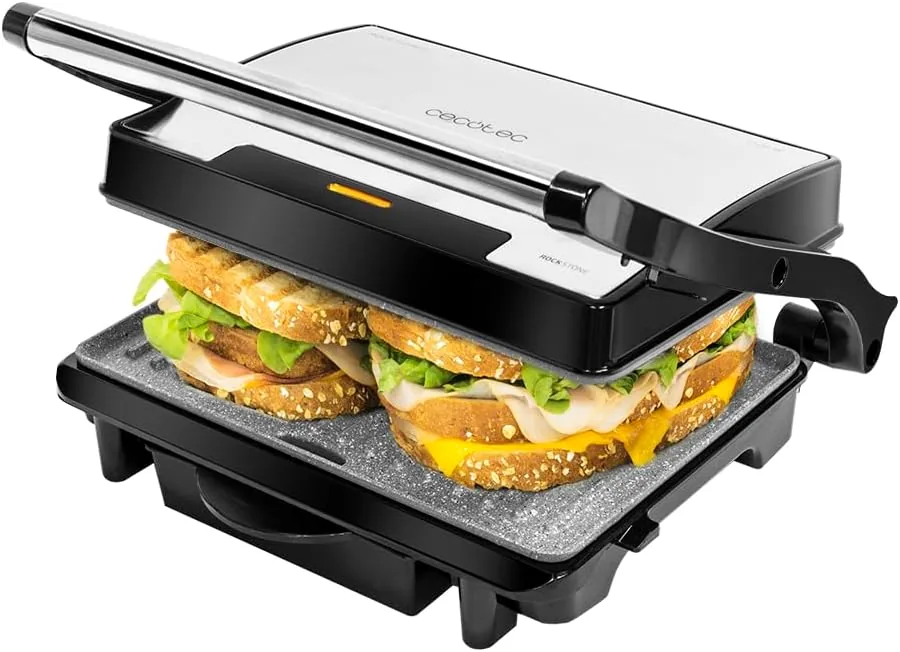 Cecotec Parrilla Eléctrica Rock'Ngrill 1500 Rapid, 1500 W, Revestimiento de Piedra Rockstone, Placa Superior Adaptable en Altura, Bandeja Recogegrasas, 12.4X30.8X33.2 Cm