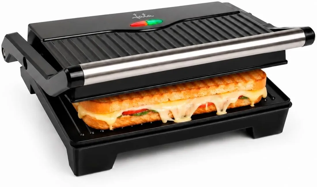 JATA JEGR1107 - Grill Eléctrico de Asar Doble 1000W, Sandwichera y Grill 180º, Placas Antiadherentes Sin PFOA, Apertura Total, Grill para Carne, Pescado y Paninis