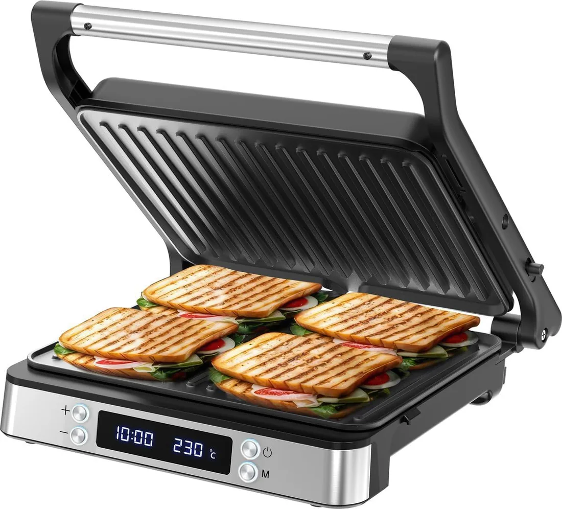 Olvy Sandwichera Eléctrica 2000W, Grill Panini y Parrilla con Placas Antiadherentes, Apertura 180°, Temperatura Automática, Plata
