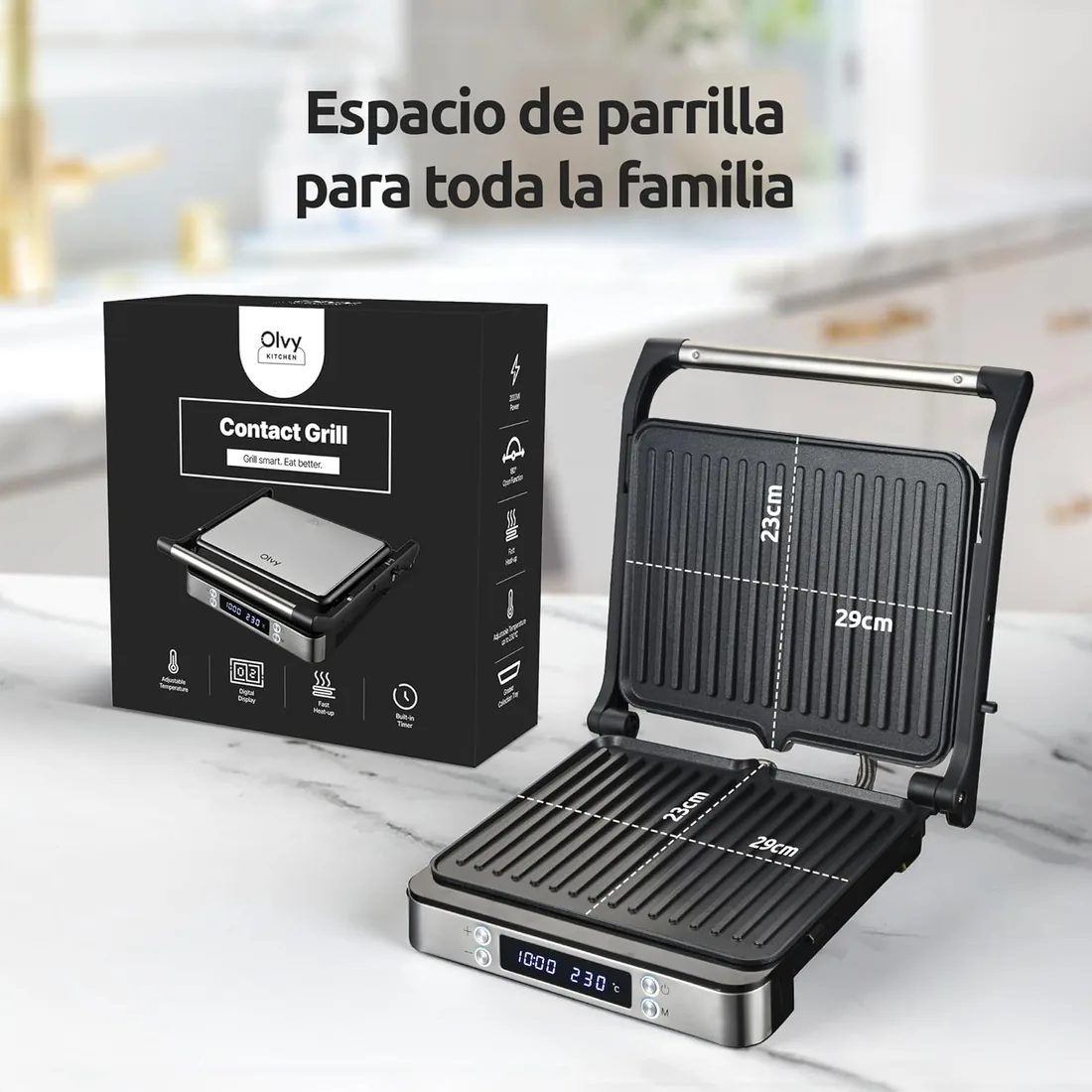 Olvy Sandwichera Eléctrica 2000W, Grill Panini y Parrilla con Placas Antiadherentes, Apertura 180°, Temperatura Automática, Plata foto 3