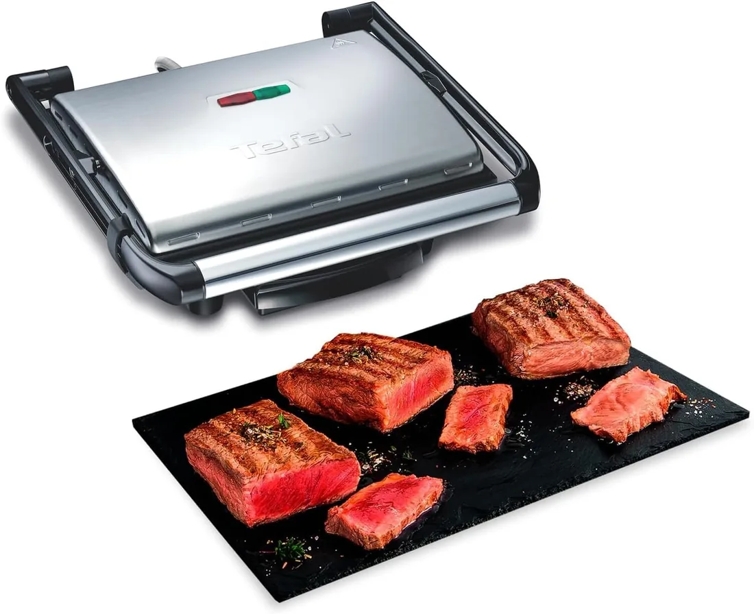 Tefal GC241D Grill con placas antiadherentes, Toque frío, Bandeja recoge jugos extraíble, Paninis, carne, pescado y asar verduras, Negro/Plateado, Potencia de 2000 W foto 2
