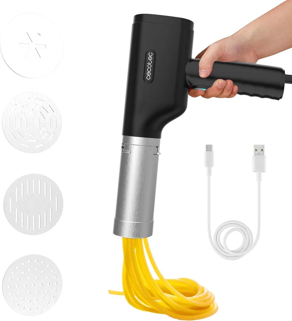Cecotec Máquina para hacer Pasta y Churros Inalámbrica Fun EasyPasta. 40W, Capacidad 200gr, 3 Discos Incluidos, Prepara Fideos o Noodles, Spaghettis y Tallarines, 50 Usos por Carga de Batería foto 3
