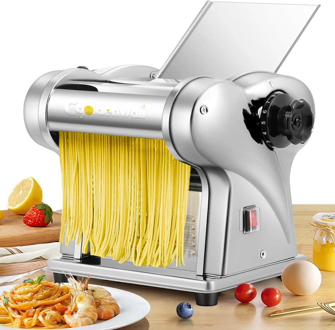 CGOLDENWALL Máquina de Pasta Eléctrica, 2 Cuchillas, 9 Grosores (0.3-3mm) | Acero Inoxidable, 140W, Cuchillas 1.5mm Redondas & 4mm Planas, para Fresca Fideos, Espaguetis, Raviolis, Tallarines foto 2