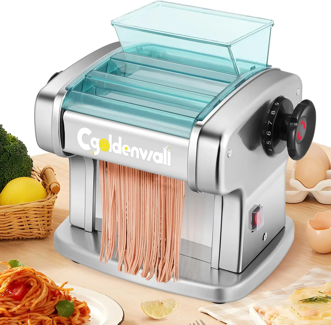 CGOLDENWALL Máquina de Pasta Eléctrica, 2 Cuchillas, 9 Grosores (0.5-5mm) | Protectora de ABS, Acero Inoxidable, 135W, Cuchillas 2.5mm & 4mm, para Fresca Fideos, Espaguetis, Raviolis, Tallarines