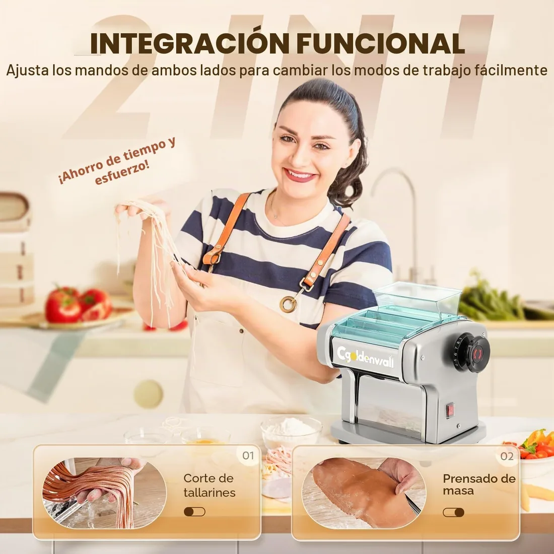 CGOLDENWALL Máquina de Pasta Eléctrica, 2 Cuchillas, 9 Grosores (0.5-5mm) | Protectora de ABS, Acero Inoxidable, 135W, Cuchillas 2.5mm & 4mm, para Fresca Fideos, Espaguetis, Raviolis, Tallarines foto 2