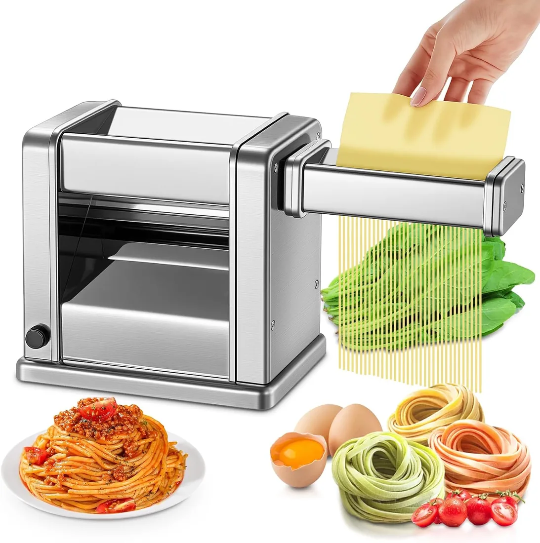 FOHERE Máquina de Pasta Fresca Eléctrica con 2 Cuchillas (1.5 mm/6.6 mm) y 7 Grosores Ajustables de 0.5-3 mm, Acero Inoxidable para Hacer Fideos Espaguetis Raviolis, Plata