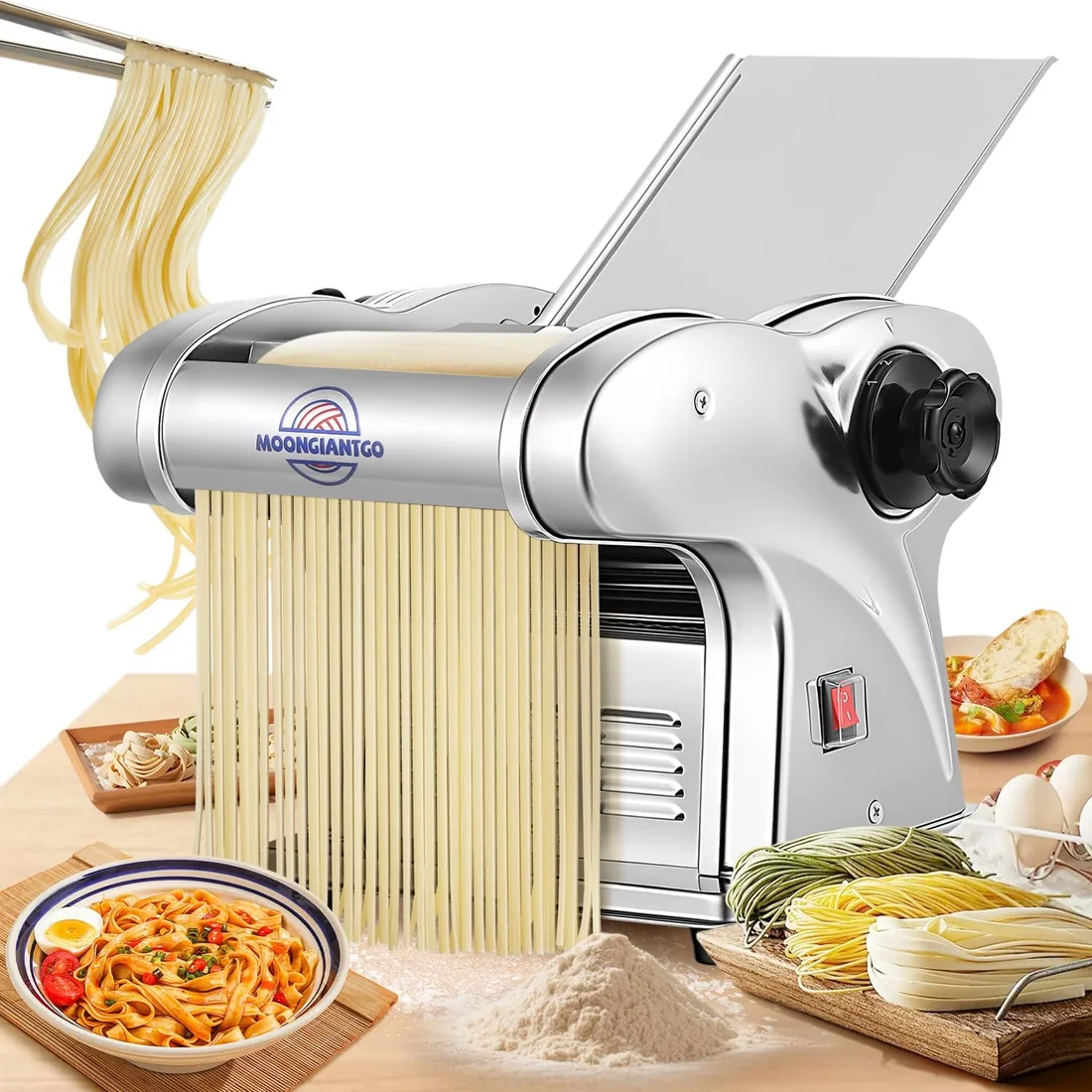 Moongiantgo Máquina de Pasta Eléctrica, 3 Cuchillas, 9 Marchas de Grosor | Máquina de Pasta Fresca, Acero Inox, Cuchillas de 1.5mm, 4mm y 9mm, 0.3-3mm Grosor para Fideos, Espaguetis, Raviolis