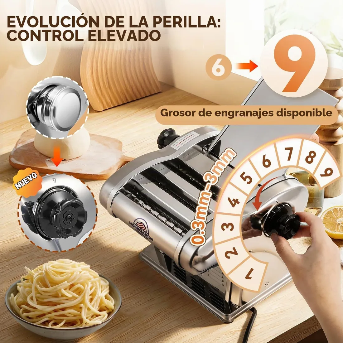 Moongiantgo Máquina de Pasta Eléctrica, 3 Cuchillas, 9 Marchas de Grosor | Máquina de Pasta Fresca, Acero Inox, Cuchillas de 1.5mm, 4mm y 9mm, 0.3-3mm Grosor para Fideos, Espaguetis, Raviolis foto 2