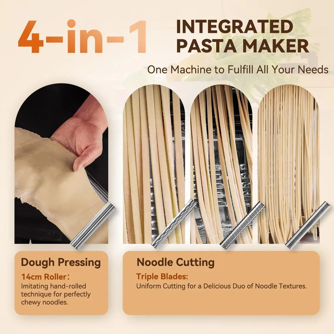 Moongiantgo Máquina de Pasta Eléctrica, 3 Cuchillas, 9 Marchas de Grosor | Máquina de Pasta Fresca, Acero Inox, Cuchillas de 1.5mm, 4mm y 9mm, 0.3-3mm Grosor para Fideos, Espaguetis, Raviolis foto 3