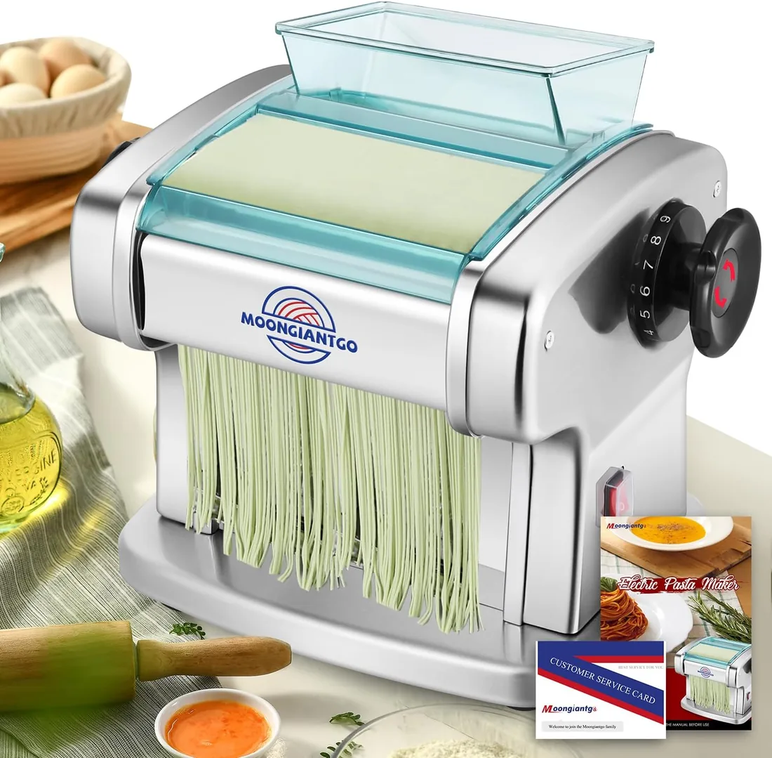 Moongiantgo Máquina Pasta Eléctrica, 2 Cuchillas, 9 Ajustes de Espesor | Máquina Pasta Fresca, Acero Inoxidable, 0.5-5mm Espesor, Cortador de 2.5 mm y 4 mm, para Fettuccine, Tagliolini, Ravioli