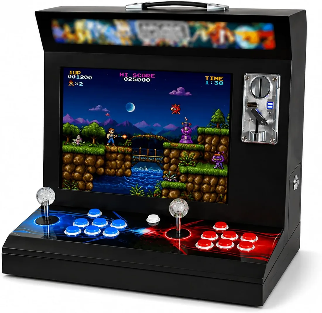 Máquina Arcade Tipo Bar Top 17” 4:3 | 9.800 Títulos Retro y 3D | 2 Jugadores con 6 Botones y Joysticks Arcade | Altavoces y Monedero Integrados | Compatible con hasta 4 Jugadores