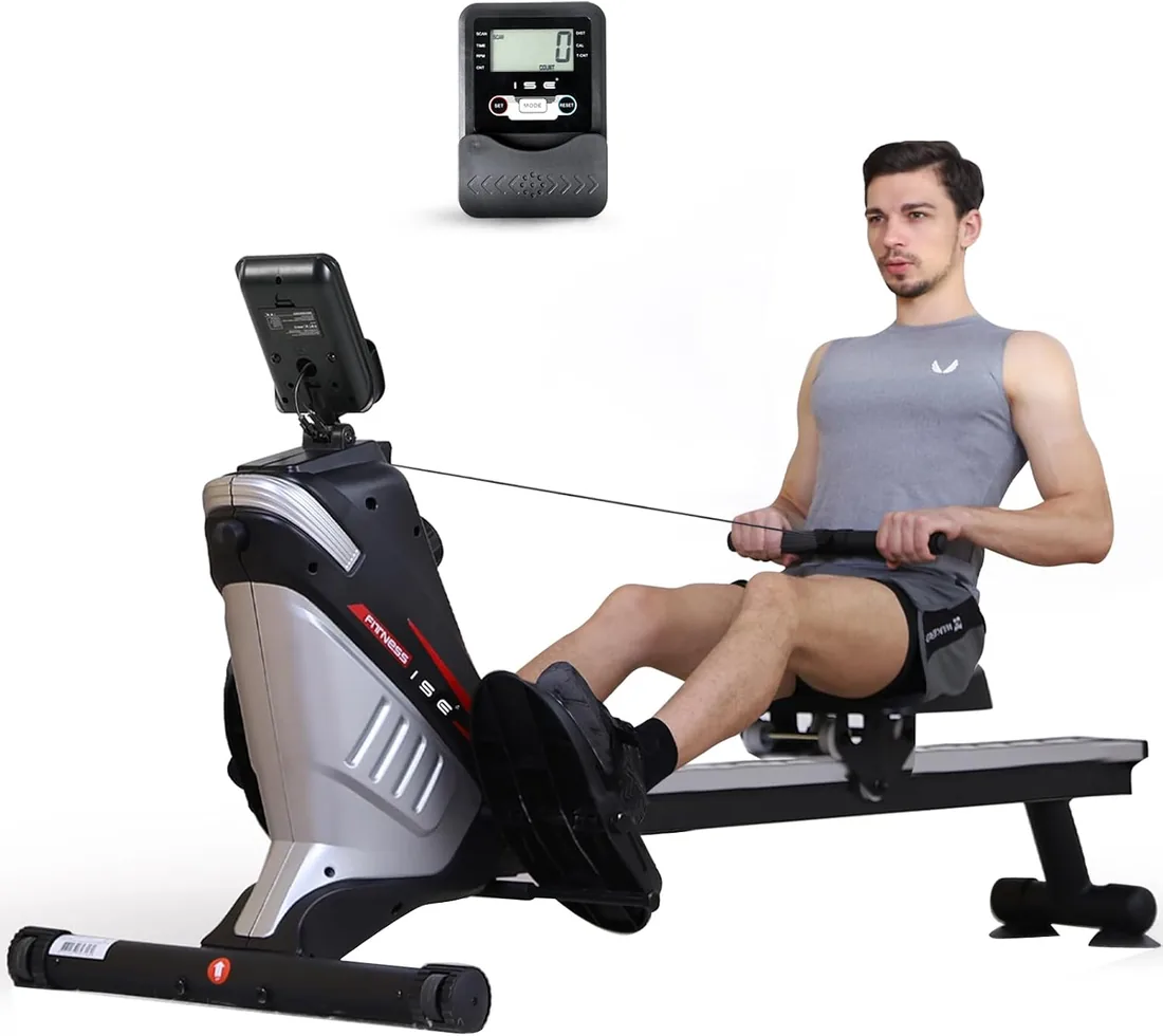 ISE Máquina De Remo para casa, Silenciosa, Máquina Remo Magnético, Remo Gimnasio En Casa con 8 Niveles de Resistencia, Fuerza de Tracción máx de 15KG, Remo Maquina Ejercicios En Casa