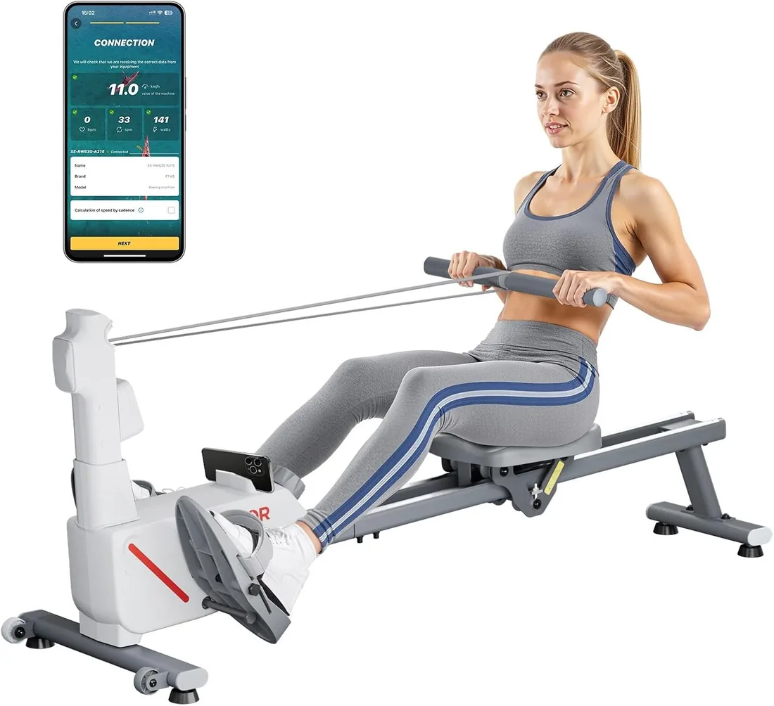 VEVOR Máquina de Remo Magnética Silenciosa, con 16 Niveles de Resistencia Ajustables, con Rieles Deslizantes Dobles y Pantalla LCD, Compatible con Aplicación Bluetooth, 1450 x 480 x 585 mm, Blanco