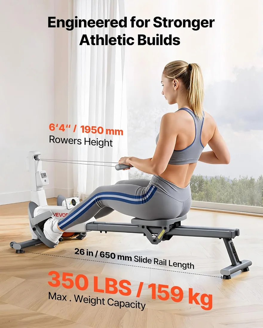 VEVOR Máquina de Remo Magnética Silenciosa, con 16 Niveles de Resistencia Ajustables, con Rieles Deslizantes Dobles y Pantalla LCD, Compatible con Aplicación Bluetooth, 1450 x 480 x 585 mm, Blanco foto 2