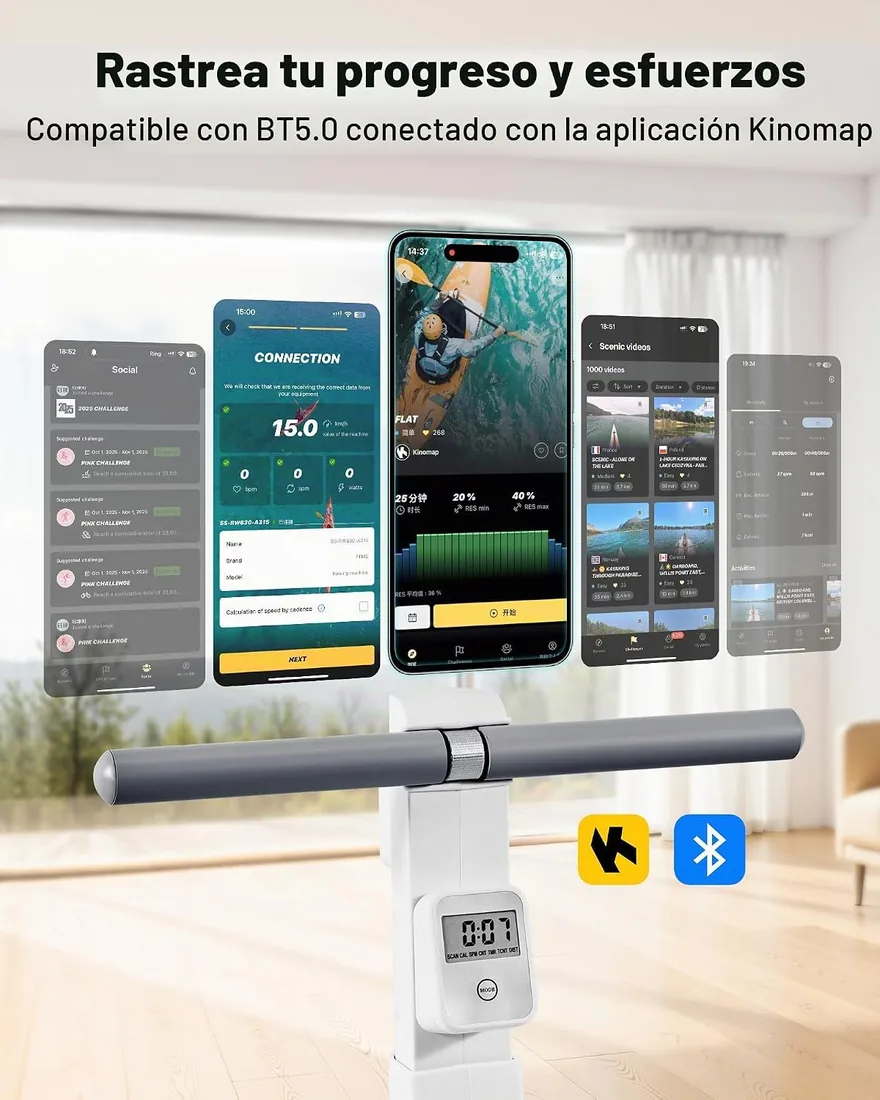 VEVOR Máquina de Remo Magnética Silenciosa, con 16 Niveles de Resistencia Ajustables, con Rieles Deslizantes Dobles y Pantalla LCD, Compatible con Aplicación Bluetooth, 1450 x 480 x 585 mm, Blanco foto 3