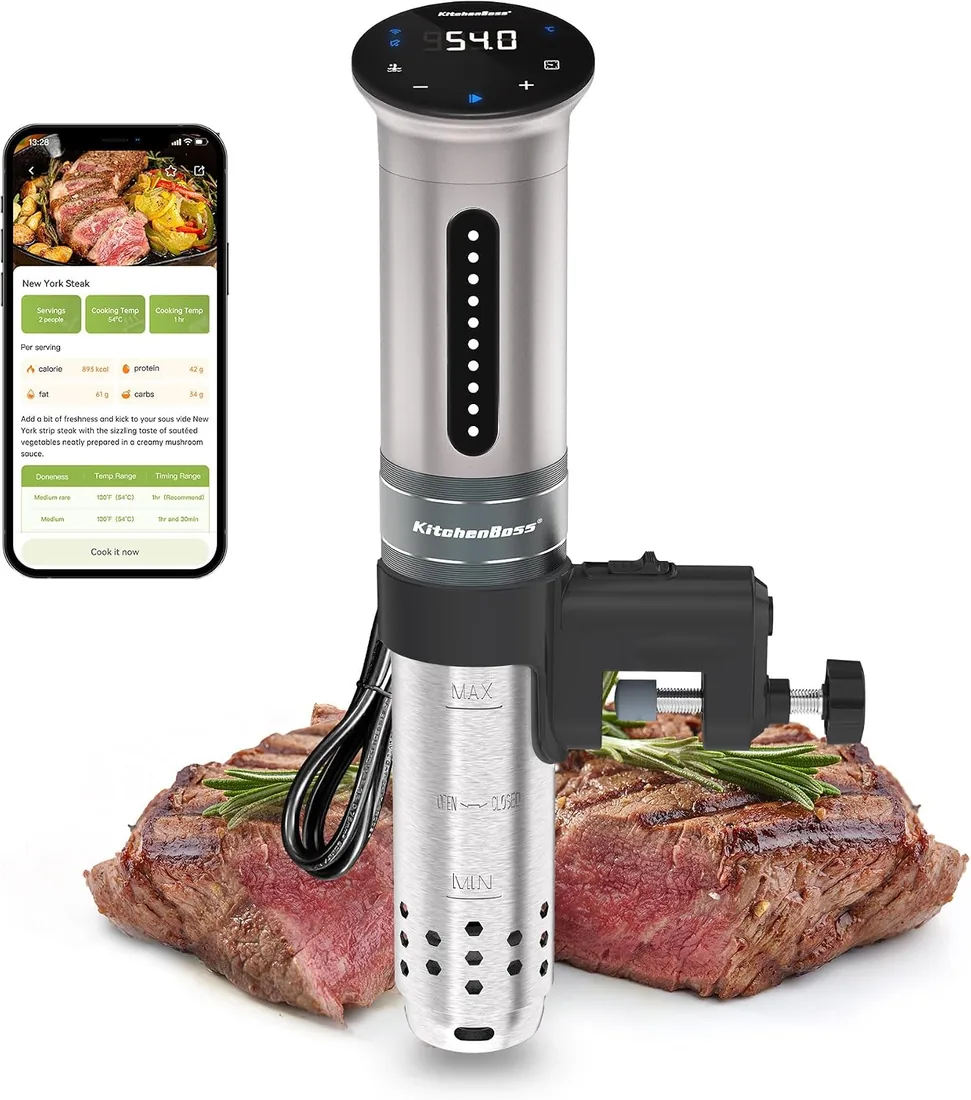 KitchenBoss Roner Sous Vide Wi-Fi: 1100W LED termostato de inmersión roner cocina baja temperatura ajuste de temperatura preciso temporizador para cocinar cocción de precisión para nutrición