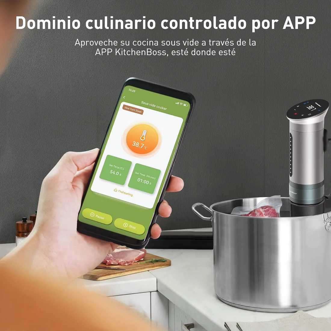 KitchenBoss Roner Sous Vide Wi-Fi: 1100W LED termostato de inmersión roner cocina baja temperatura ajuste de temperatura preciso temporizador para cocinar cocción de precisión para nutrición foto 2