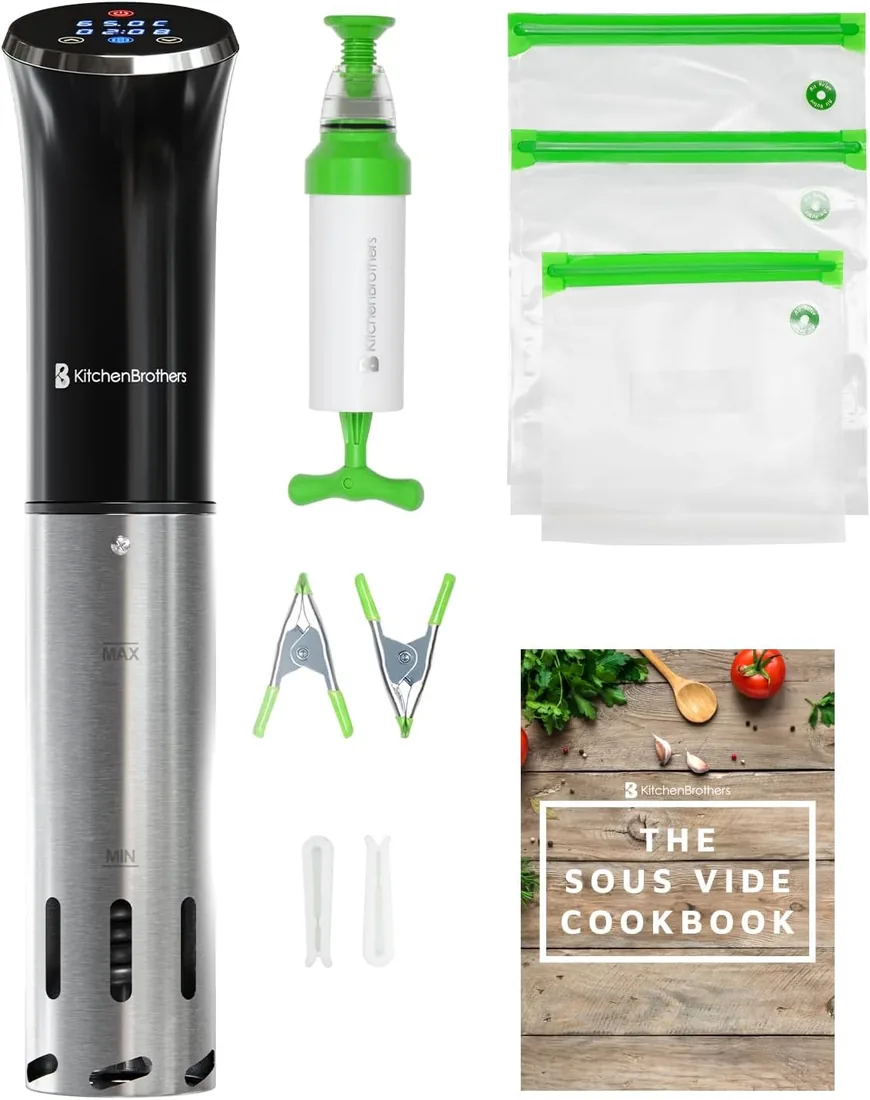 KitchenBrothers Sous Vide - Roner Cocina Baja Temperatura - Electrodomesticos y Accesorios de Cocina - Completo con Libro - 0 a 95℃, Ajustable en 0,2℃ - 1200W (Negro con accesorios)