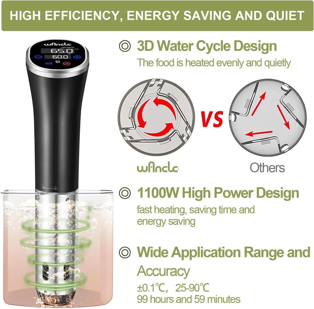 Sous Vide, Wancle Roner Cocina Baja Temperatura 1100W Inmersión a Prueba de Agua IPX7 Circuladores Con función de reserva, fácil de almacenar foto 2