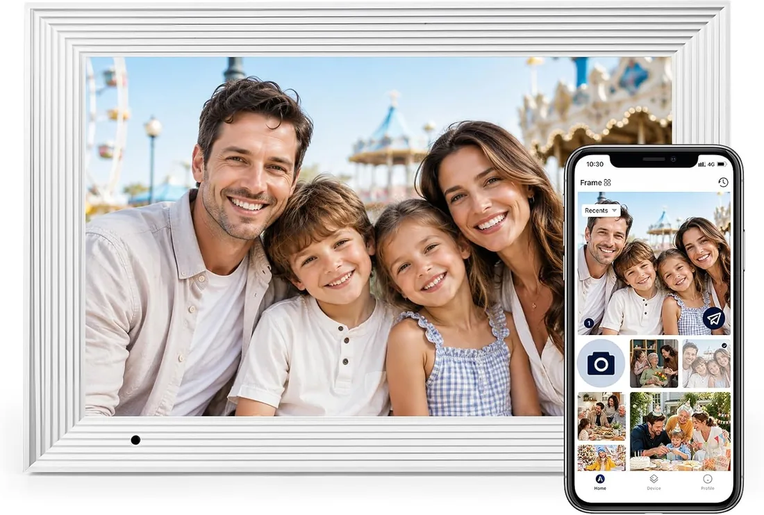 AEEZO Marco Digital de 32 GB, Marco Fotos de Digital con WiFi de 10,1″, Marco Digital con Rotación Automática, Fácil y Rápido Intercambio Remoto de Fotos y Vídeos a Través de AiMOR (Blanco a Rayas) foto 3
