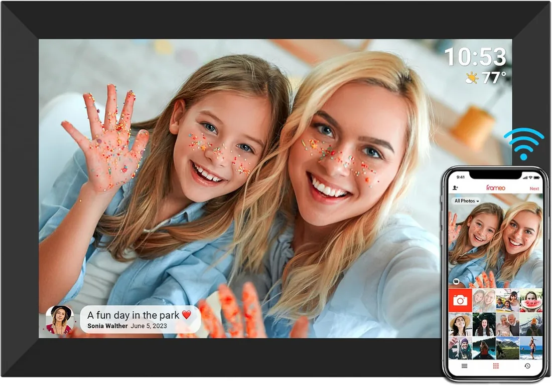 dxmart FRAMEO - Marco de fotos digital WiFi de 32 GB, pantalla táctil LCD WXGA IPS de 10.1 pulgadas, marco de fotos inteligente en la nube con rotación automática, momentos compartidos a través de la