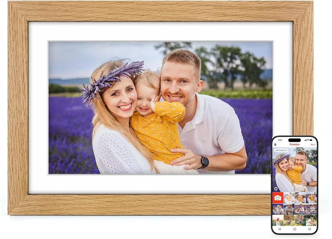 Marco de Fotos Digital WiFi Madera de Roble con 32GB Memoria, Marco Digital 10.1" con Pantalla Táctil IPS HD de 1280 * 800, Comparte Fotos/Videos a Través de la App Frameo, Regalos para Mujer Hombre foto 2