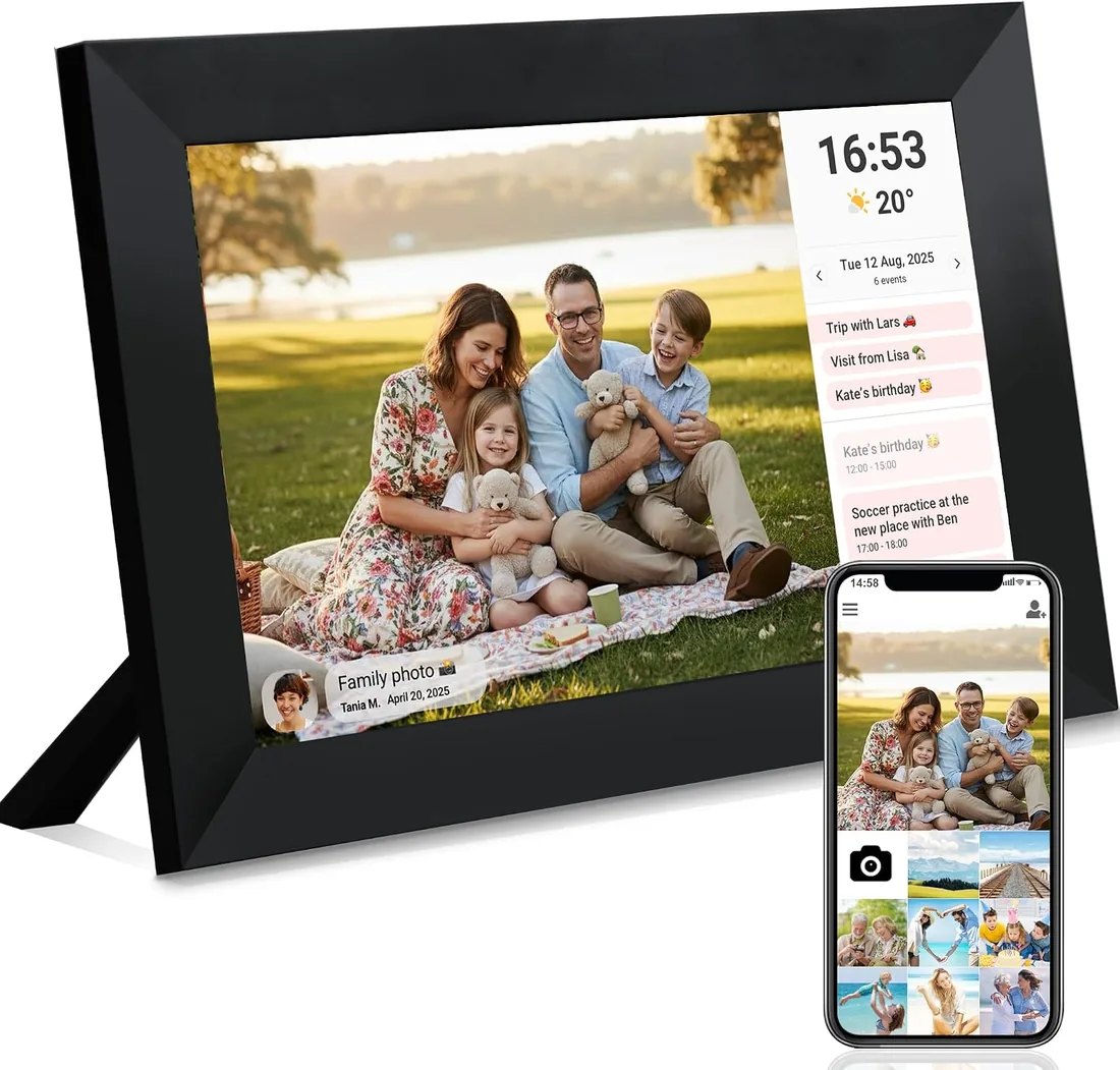 Veidoo Marco de Foto Digital WiFi, Pantalla Táctil de 10 Pulgadas, 32 GB Memoria, Rotación Automática, Música/Video/Calendario/Reloj, Fotos y Videos a través Frameo, Regalo para la Familia(Negro) foto 2