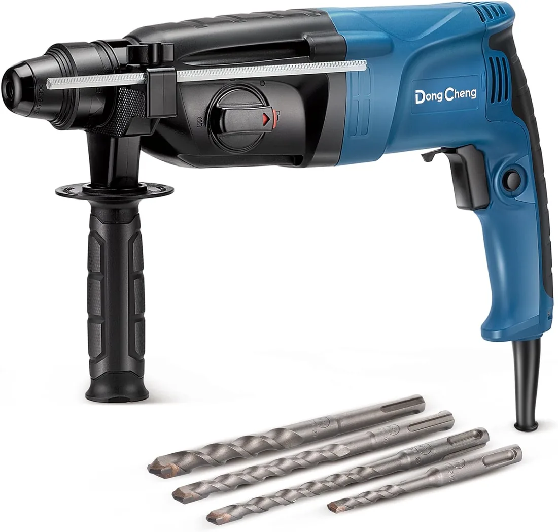 Dong Cheng Martillo Perforador 800W 2.8 J, SDS plus, hormigón Ø 26 mm | 4 funciones: percusión con rotación, rotación sola, cincelado y ajuste del ángulo del cincel, cable de 2,6 m, 4 brocas