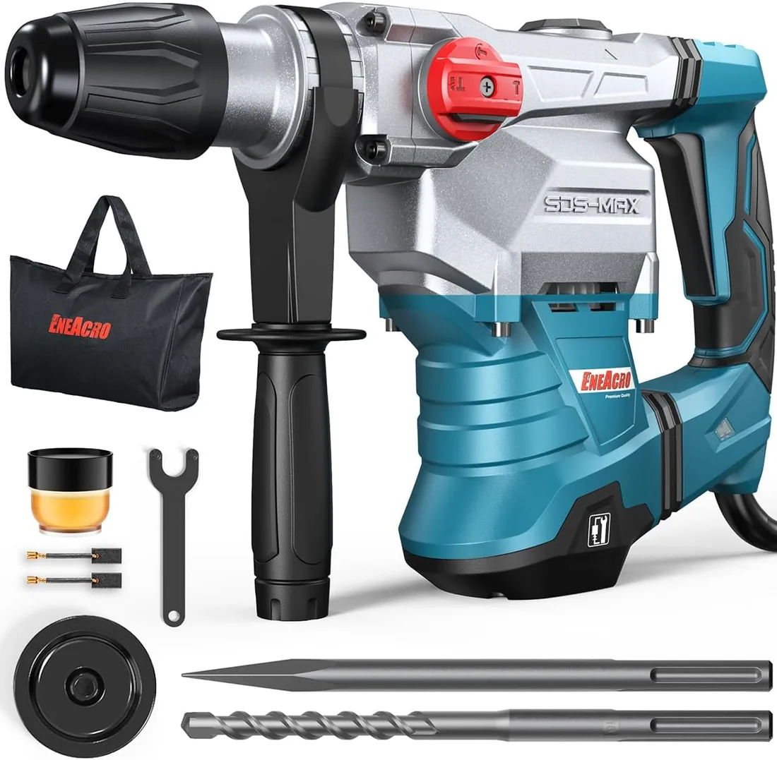 ENEACRO SDS-MAX Martillo Perforador, 1500 W 12J Martillo Demoledor con 3 funciones, empuñadura antivibraciones y embrague de seguridad, capacidad de perforación de 40 mm en hormigón