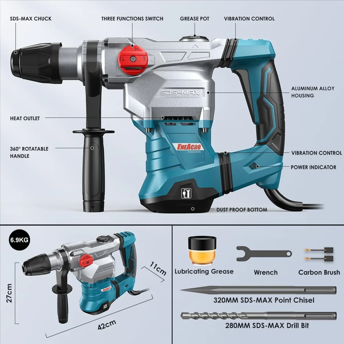ENEACRO SDS-MAX Martillo Perforador, 1500 W 12J Martillo Demoledor con 3 funciones, empuñadura antivibraciones y embrague de seguridad, capacidad de perforación de 40 mm en hormigón foto 2