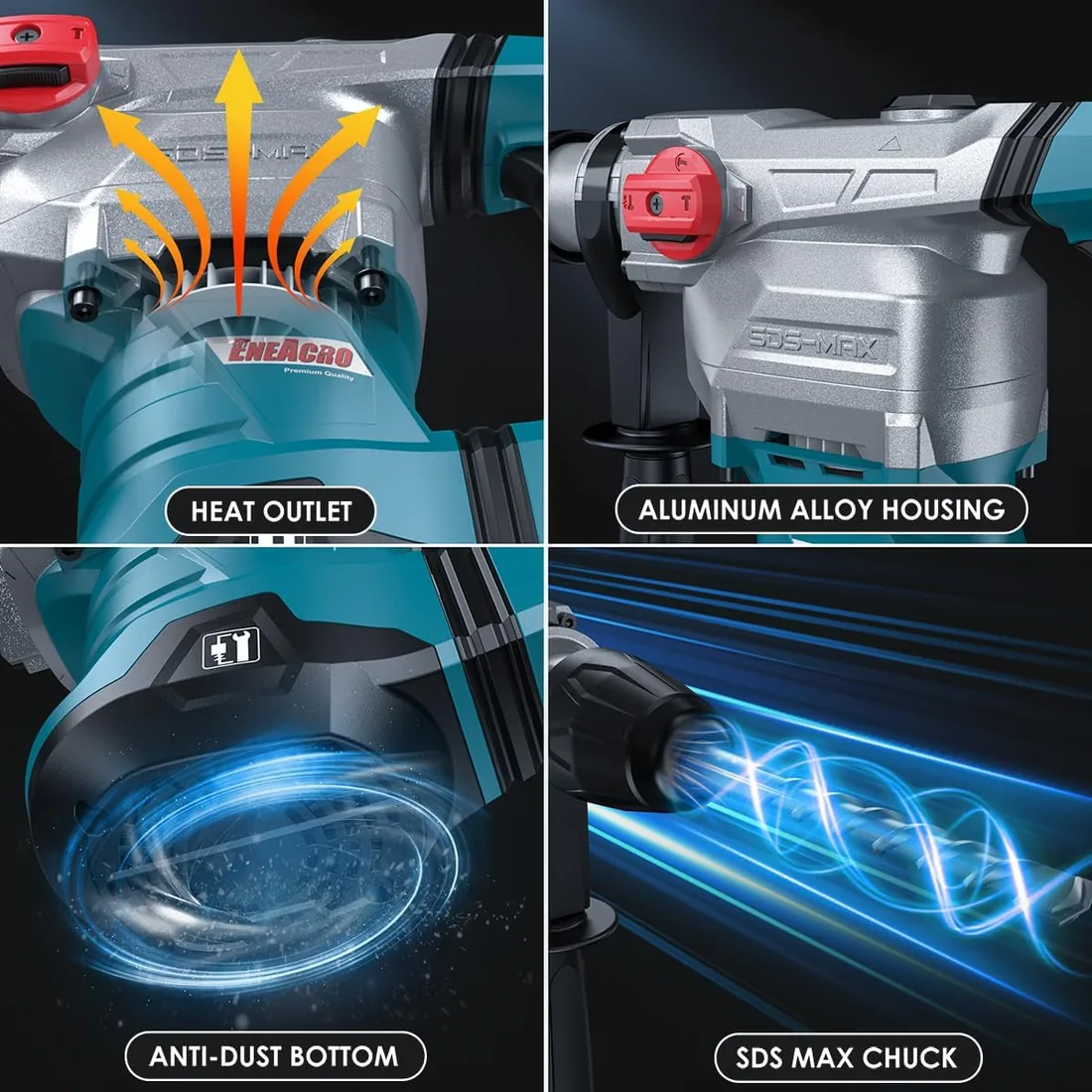 ENEACRO SDS-MAX Martillo Perforador, 1500 W 12J Martillo Demoledor con 3 funciones, empuñadura antivibraciones y embrague de seguridad, capacidad de perforación de 40 mm en hormigón foto 3