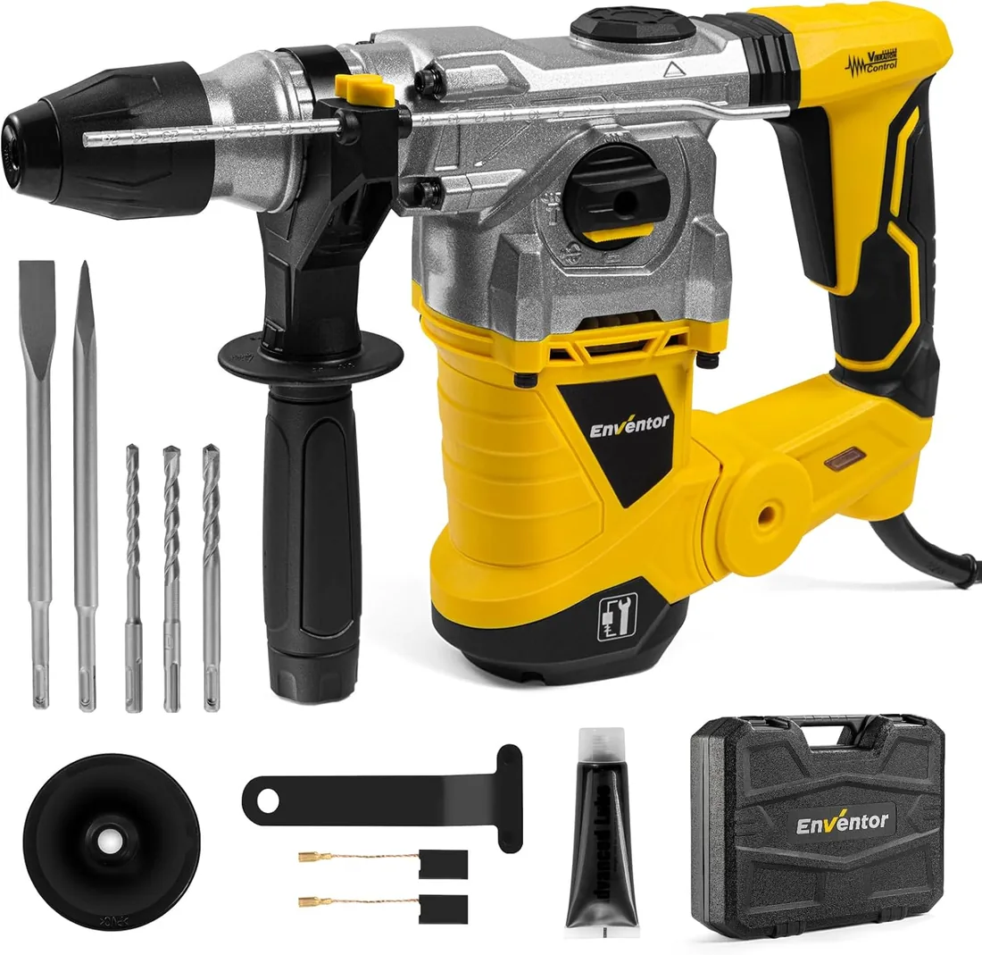 Enventor 1500W Martillo Demoledor SDS-Plus, 6J, 4 Funciones | Martillo Percutor con Mandril, 4500BPM, Control de Vibración, Martillo Perforador para Concreto, Metal y Madera