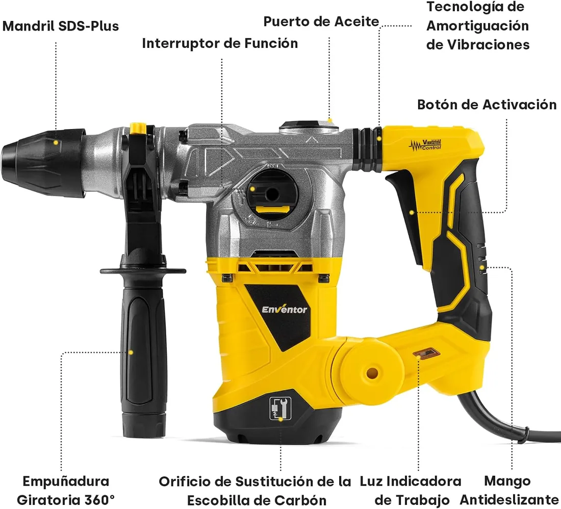 Enventor 1500W Martillo Demoledor SDS-Plus, 6J, 4 Funciones | Martillo Percutor con Mandril, 4500BPM, Control de Vibración, Martillo Perforador para Concreto, Metal y Madera foto 2