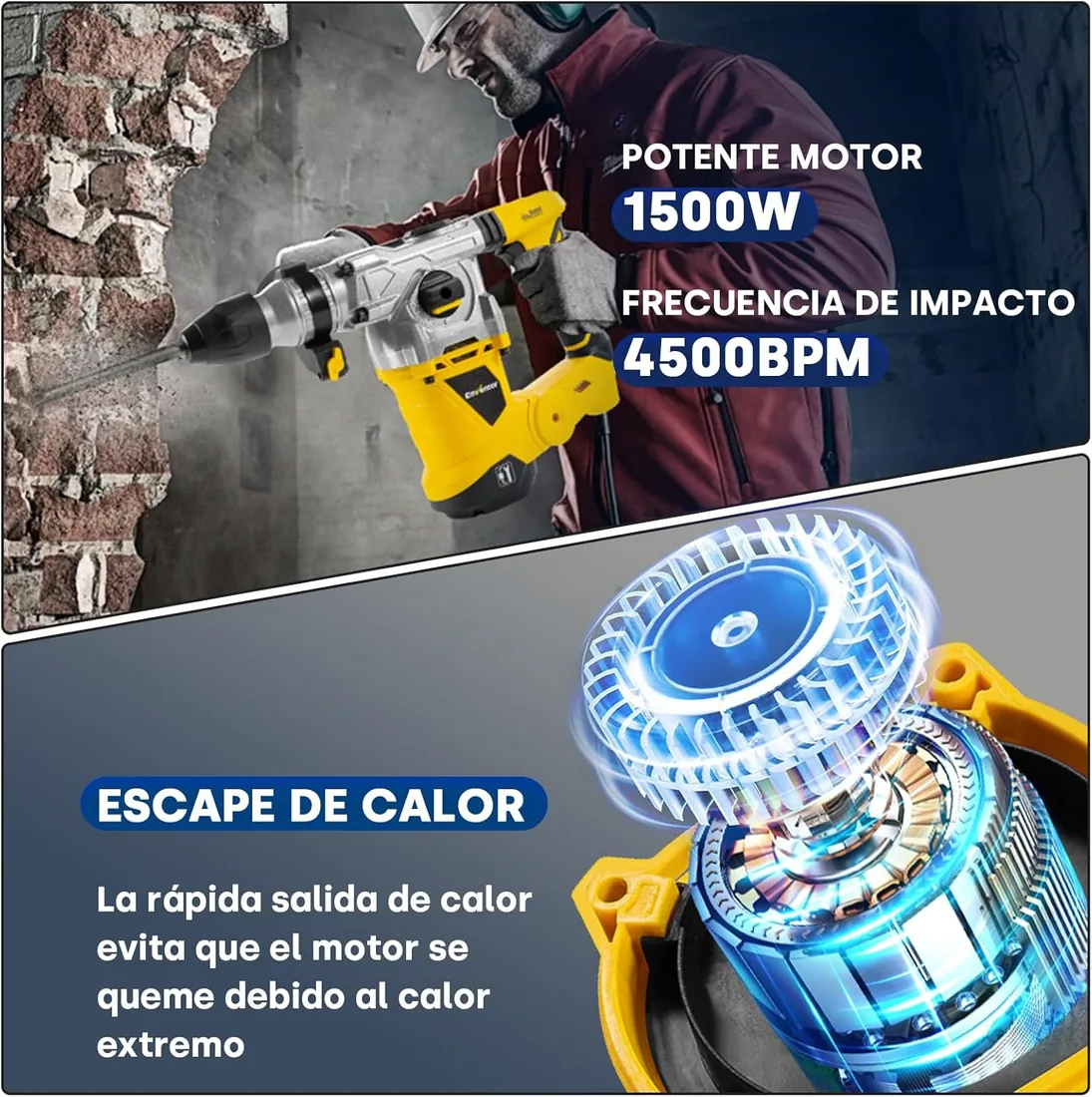 Enventor 1500W Martillo Demoledor SDS-Plus, 6J, 4 Funciones | Martillo Percutor con Mandril, 4500BPM, Control de Vibración, Martillo Perforador para Concreto, Metal y Madera foto 3