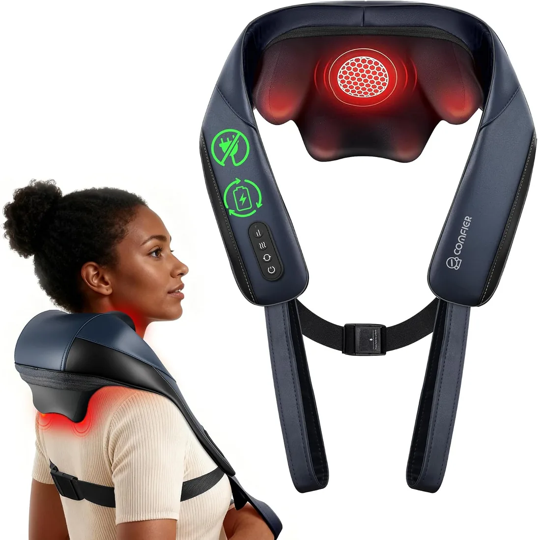 COMFIER Masajeador Cervical Shiatsu, Calentamiento con Grafeno | Masajeador Cervical y Espalda Inalámbrico con Función de Calor, Cojín de Masaje 4D con Función de Amasamiento, Regalo Hombre foto 3