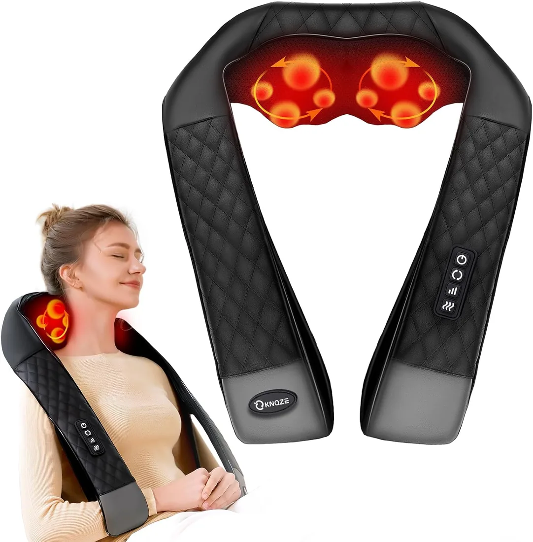 KNQZE® Masajeador Cuello 4D Shiatsu con Calor, cuello, hombros, espalda | Masaje shiatsu 4D profundo con calor, piel negra. Para cuello, hombros, espalda. Ideal hogar, oficina, coche.