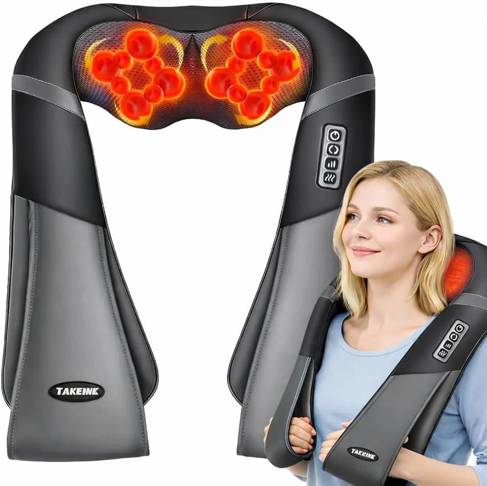 TAKRINK Masajeador Cervical y Espalda Shiatsu con Calor, 16 Cabezales | 3 Velocidades, Giro Bidireccional, Apagado de 15 Min, Cuero PU, para Cuello, Hombros, Espalda, Piernas y Abdomen