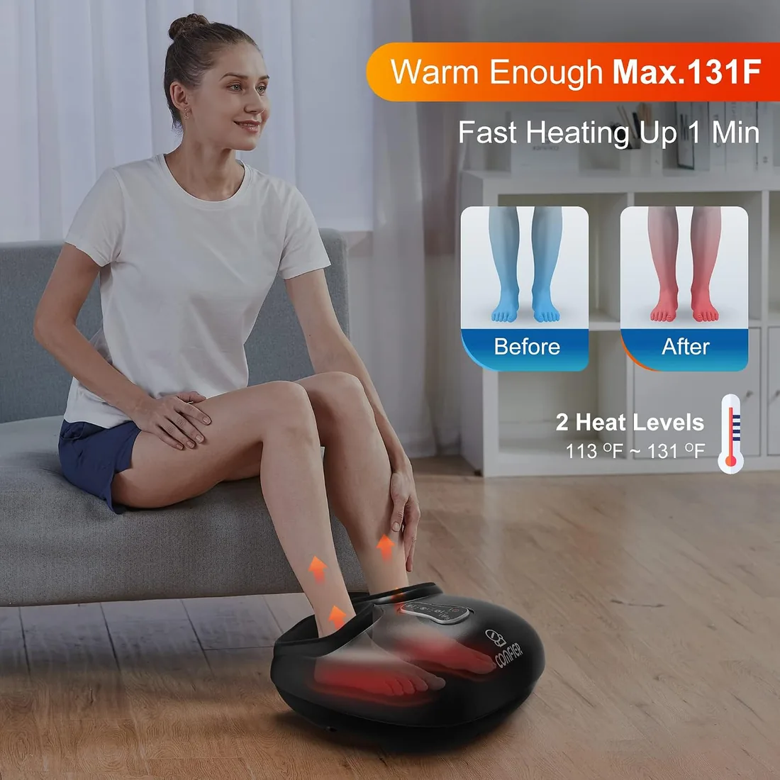 Comfier Shiatsu Masajeador Eléctrico de Pies con Calor, Vibración, Rodillos y Compresión de Aire, Masaje Shiatsu de Pies para Fascitis Plantar y Alivio del Dolor, Regalos para Mamá, Papá foto 3